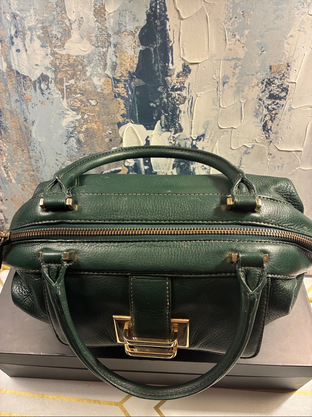 Vintage Liz Claiborne Dark Green Leather Top-Handle Satchel with Gold Hardware - Picture 4 of 15